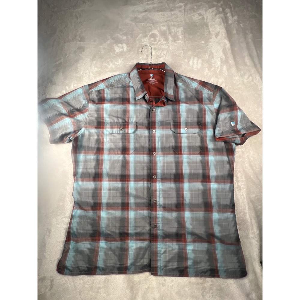 Kuhl Mens XL Short Sleeve Plaid Button Down Shirt Blue Grey Hiking Outdoor
